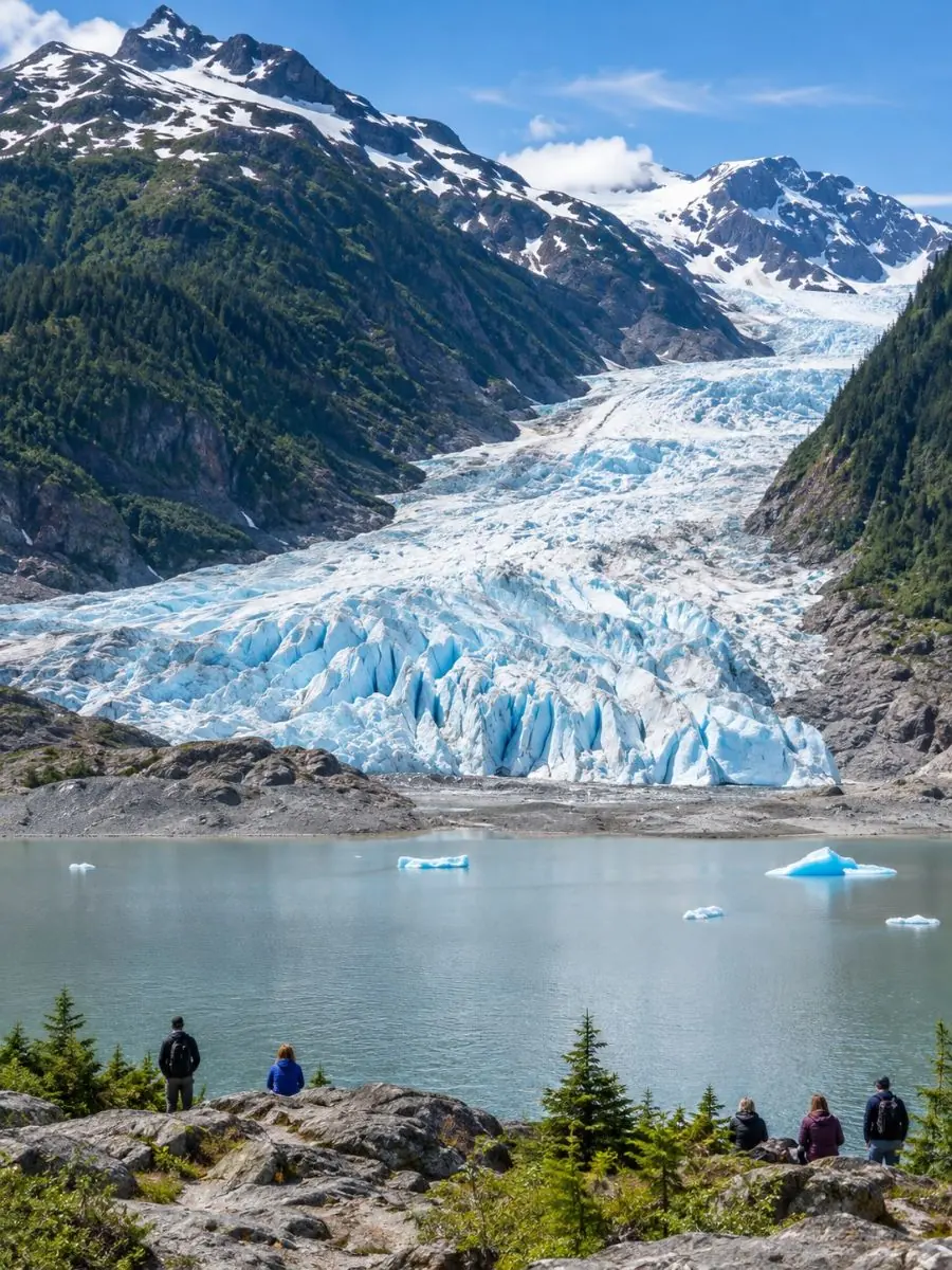Mendenhall Glacier between forested mountains, seen across the lake from the rocks at Photo Point